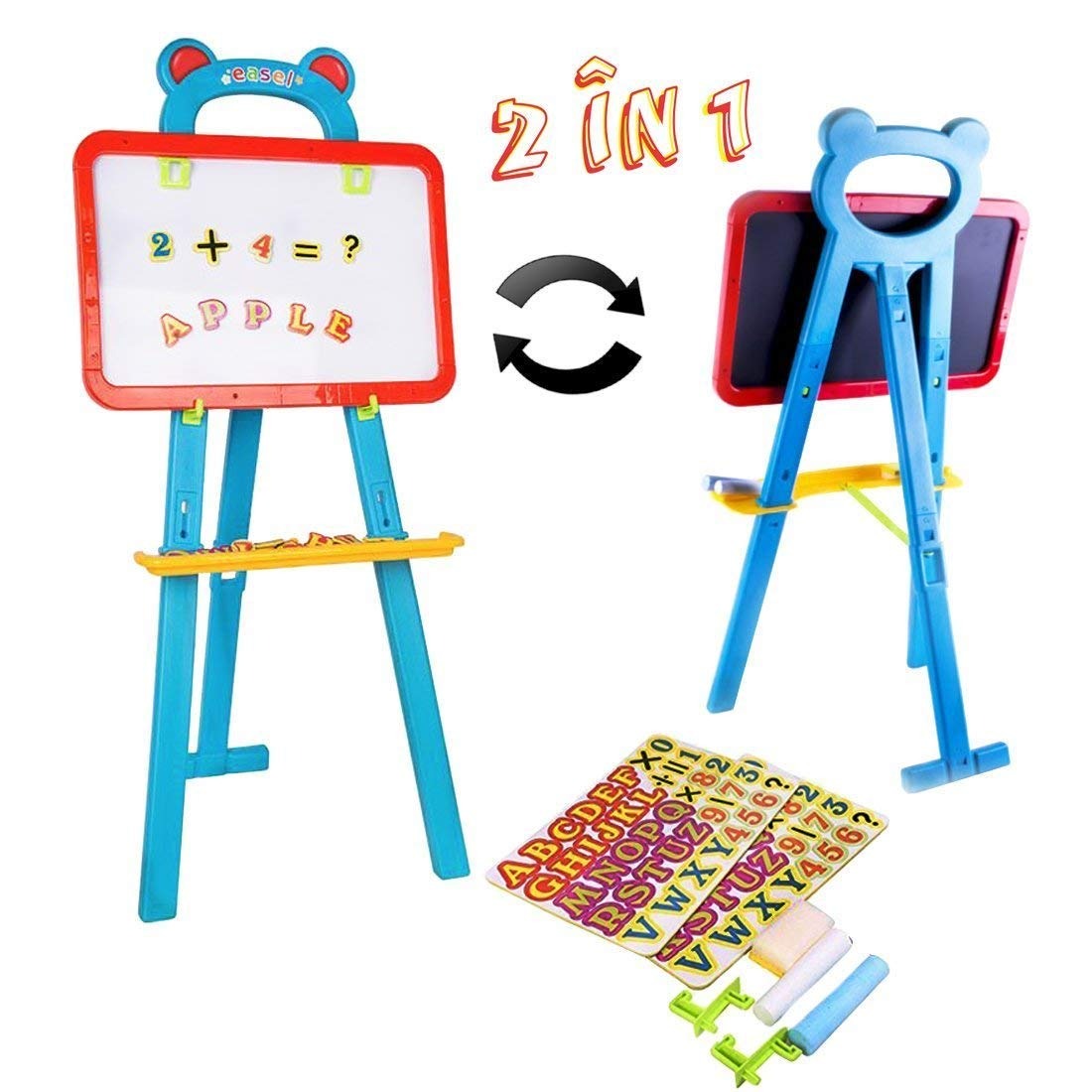Deluxe Standing Easel Board for Kids, 3 in 1 Dry Erase White Board, Magnetic Board and Chalkboard Art Activity Drawing for Artist with Learning Magnetic Alphabet and Numbers, Chalk and Eraser
