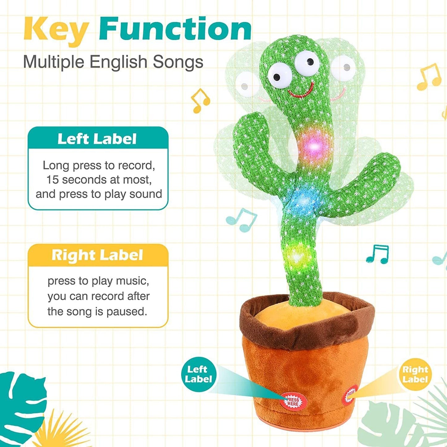 Dancing Cactus Talking Toy Kids Children Plush Electronic Toys Baby Singing Wriggle Voice Recording Repeats What You Say LED Lights Toddler Educational Funny Gift