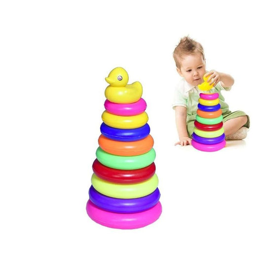 Rainbow Stacking Rings Tower Toy With Yellow Duck Big Size For Kids
