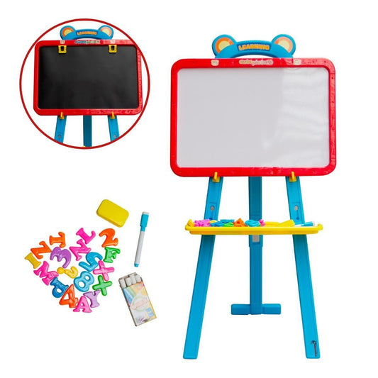 Deluxe Standing Easel Board for Kids, 3 in 1 Dry Erase White Board, Magnetic Board and Chalkboard Art Activity Drawing for Artist with Learning Magnetic Alphabet and Numbers, Chalk and Eraser