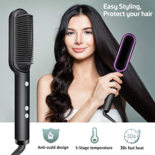 Electric Hair Straightening Brush 2-in-1 – Straightener & Curler with Quick Heat & Temperature Control
