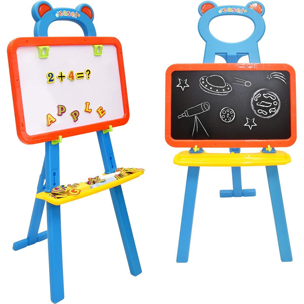 Deluxe Standing Easel Board for Kids, 3 in 1 Dry Erase White Board, Magnetic Board and Chalkboard Art Activity Drawing for Artist with Learning Magnetic Alphabet and Numbers, Chalk and Eraser