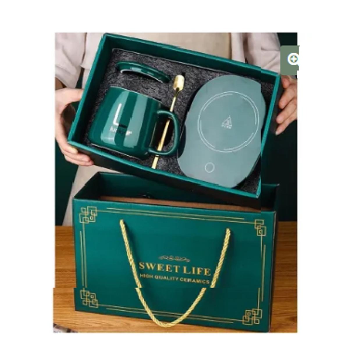 Portable Coffee Cup Warmer Heater Set Heat Heating Cup Pad Ceramics Mug Thermostatic Electric Coaster 55℃ Mug Mat Office Tea Coffee Milk Heater with Cup Spoon(Gift Box Package)