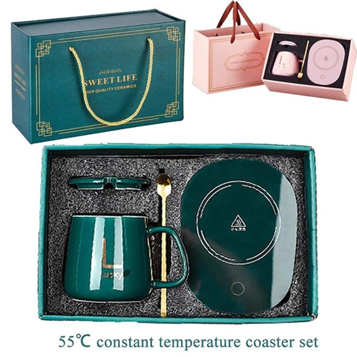 Portable Coffee Cup Warmer Heater Set Heat Heating Cup Pad Ceramics Mug Thermostatic Electric Coaster 55℃ Mug Mat Office Tea Coffee Milk Heater with Cup Spoon(Gift Box Package)