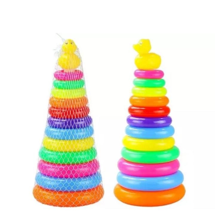 Rainbow Stacking Rings Tower Toy With Yellow Duck Big Size For Kids