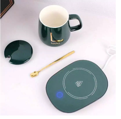 Portable Coffee Cup Warmer Heater Set Heat Heating Cup Pad Ceramics Mug Thermostatic Electric Coaster 55℃ Mug Mat Office Tea Coffee Milk Heater with Cup Spoon(Gift Box Package)