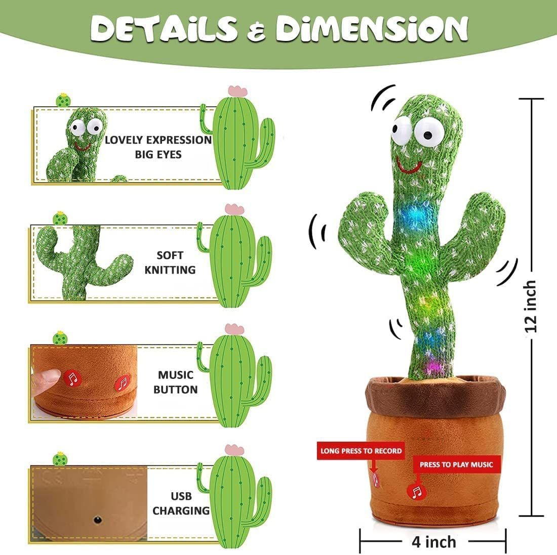 Dancing Cactus Talking Toy Kids Children Plush Electronic Toys Baby Singing Wriggle Voice Recording Repeats What You Say LED Lights Toddler Educational Funny Gift
