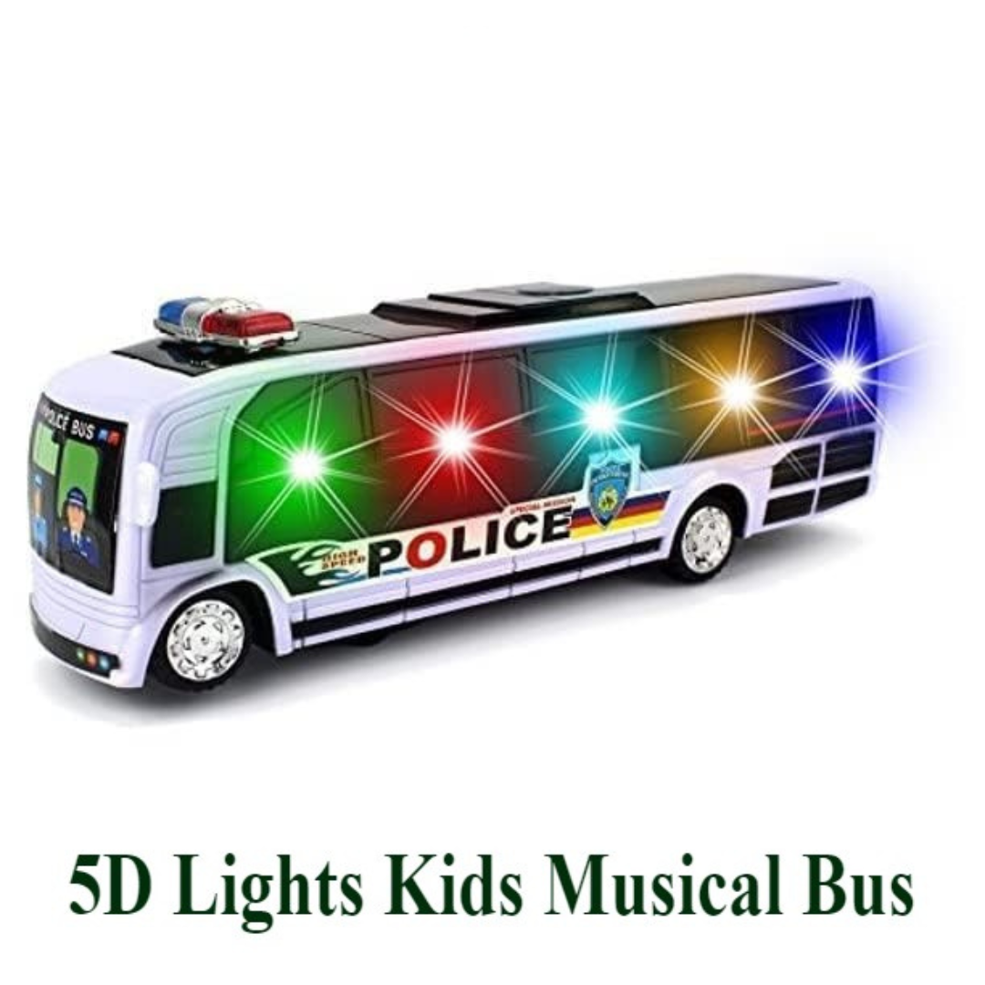 Musical Bump & Go Toy Bus – 5D Light & Siren Sound Car for Kids – Model 368A – Rotating Action Bus Toy