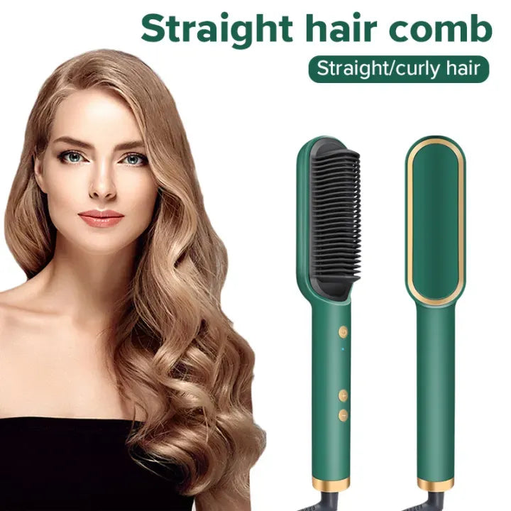 Electric Hair Straightening Brush 2-in-1 – Straightener & Curler with Quick Heat & Temperature Control